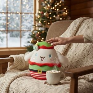 Sanrio Hello Kitty Cinnamon dressed as an Elf in traditional red green and white